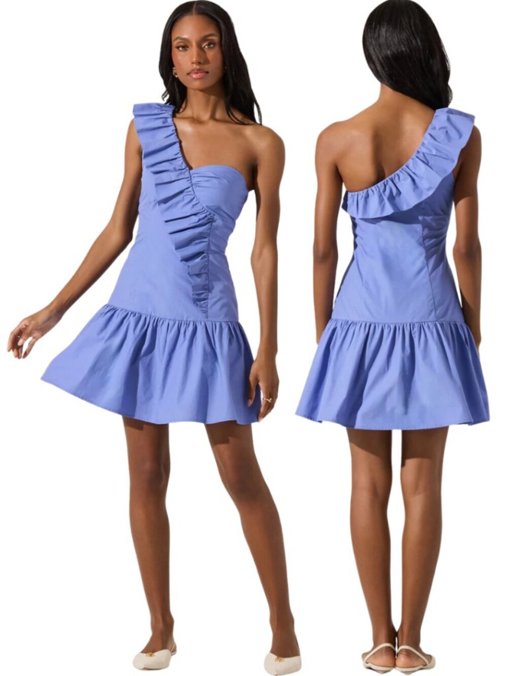 ASTR The Label One Shoulder Ruffle Mini Dress Womens Large Cobalt Blue Chic NWOT
